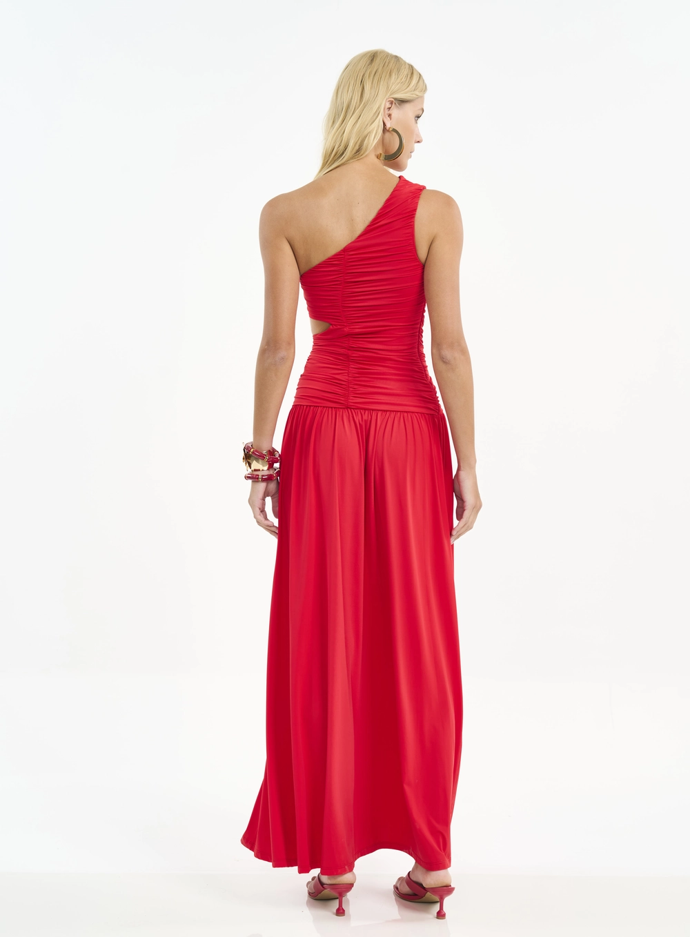 Vestido Longo Ombro Só Com Recortes E Franzidos Vermelho