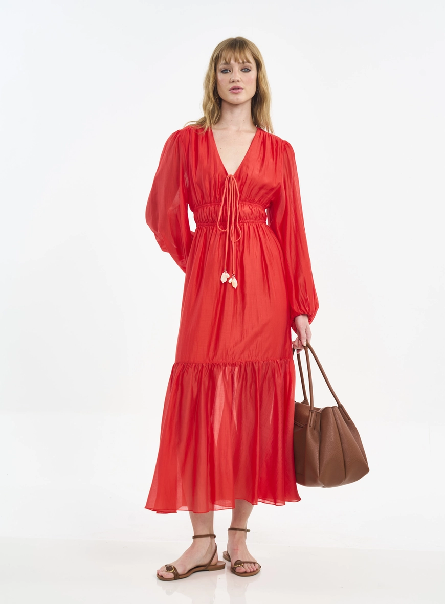 Vestido Longo Com Mangas Bufantes E Amarração