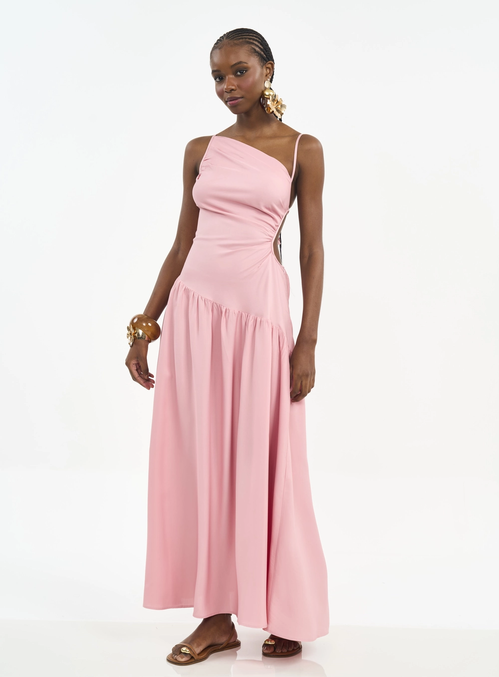 Vestido Longo Com Decote Assimétrico E Recorte Rosa