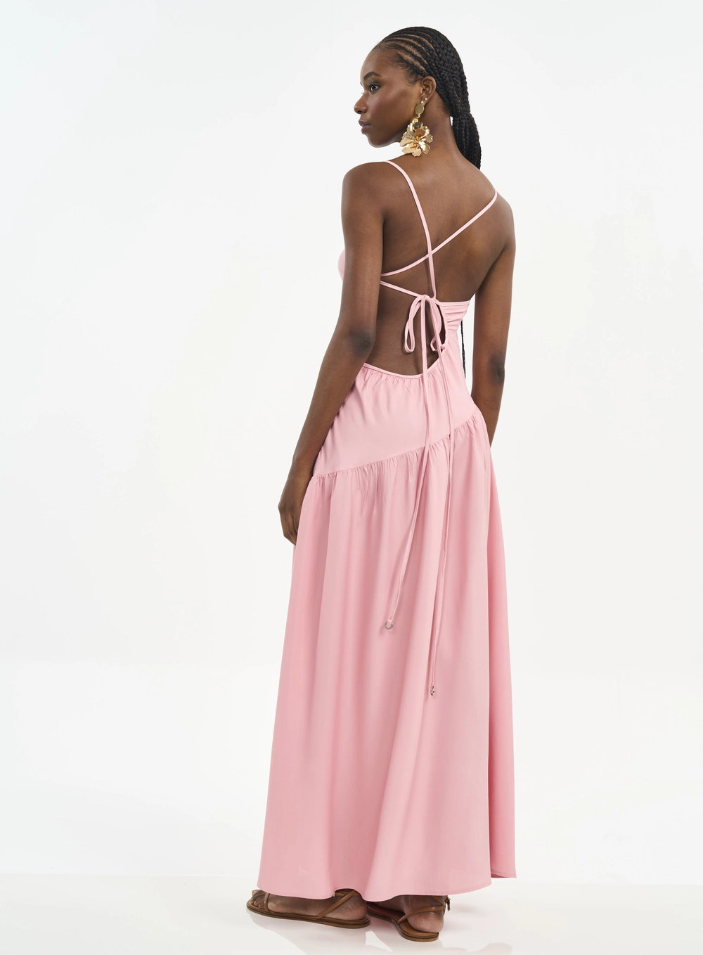 Vestido Longo Com Decote Assimétrico E Recorte Rosa