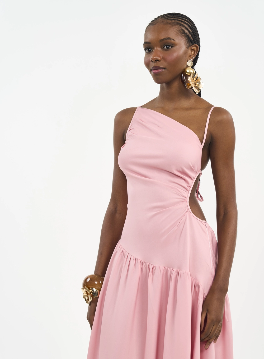 Vestido Longo Com Decote Assimétrico E Recorte Rosa