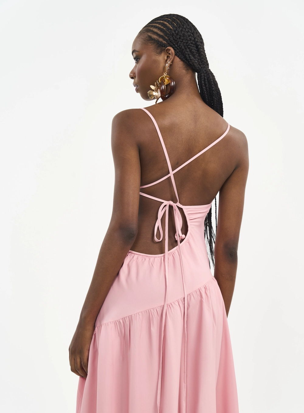 Vestido Longo Com Decote Assimétrico E Recorte Rosa