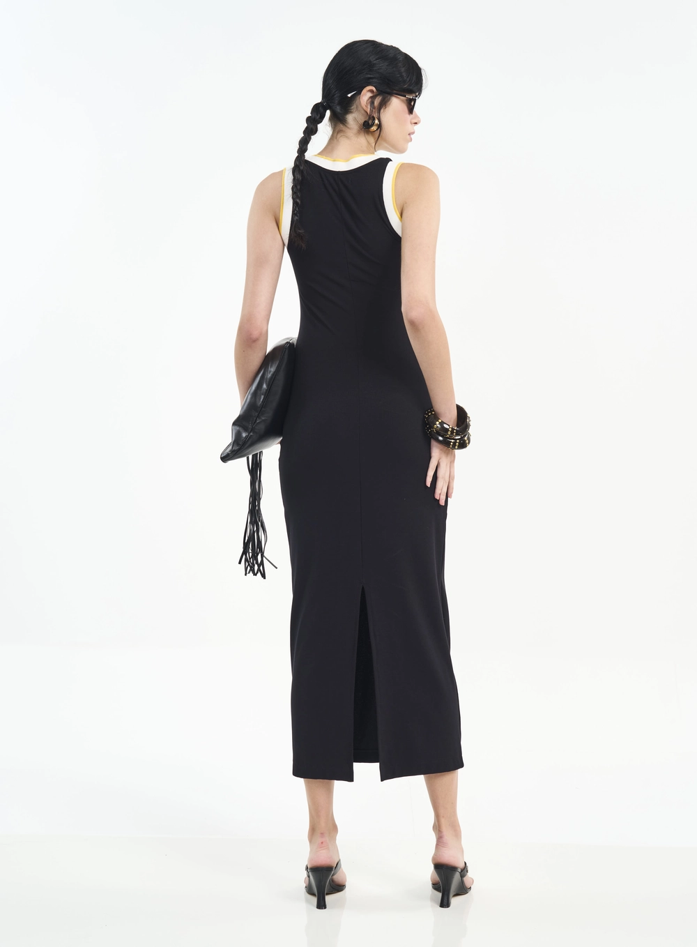 Vestido Midi Canelado Bicolor Com Escrita Preto