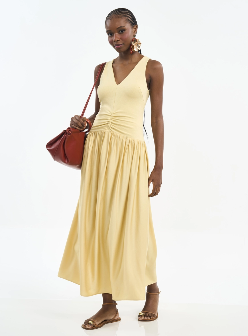Vestido Midi Com Decote V E Franzido