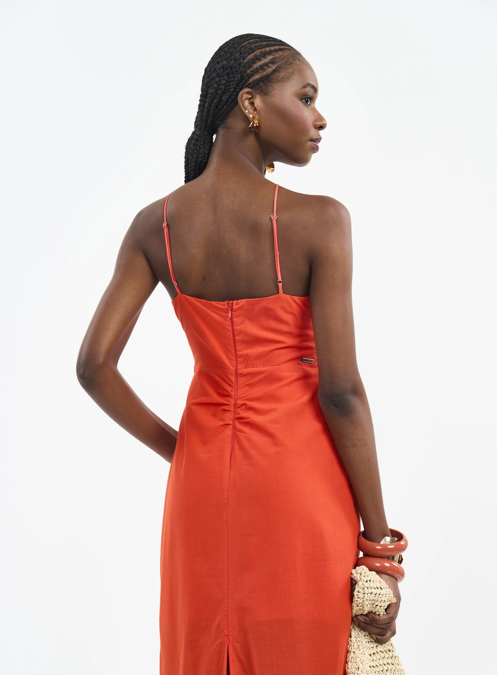 Vestido Midi Com Torção E Bordado Laranja