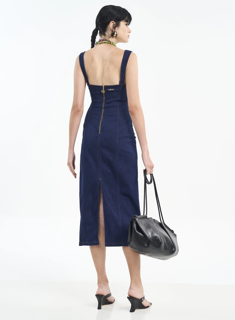Vestido Midi Jeans Com Costuras E Zíper Índigo