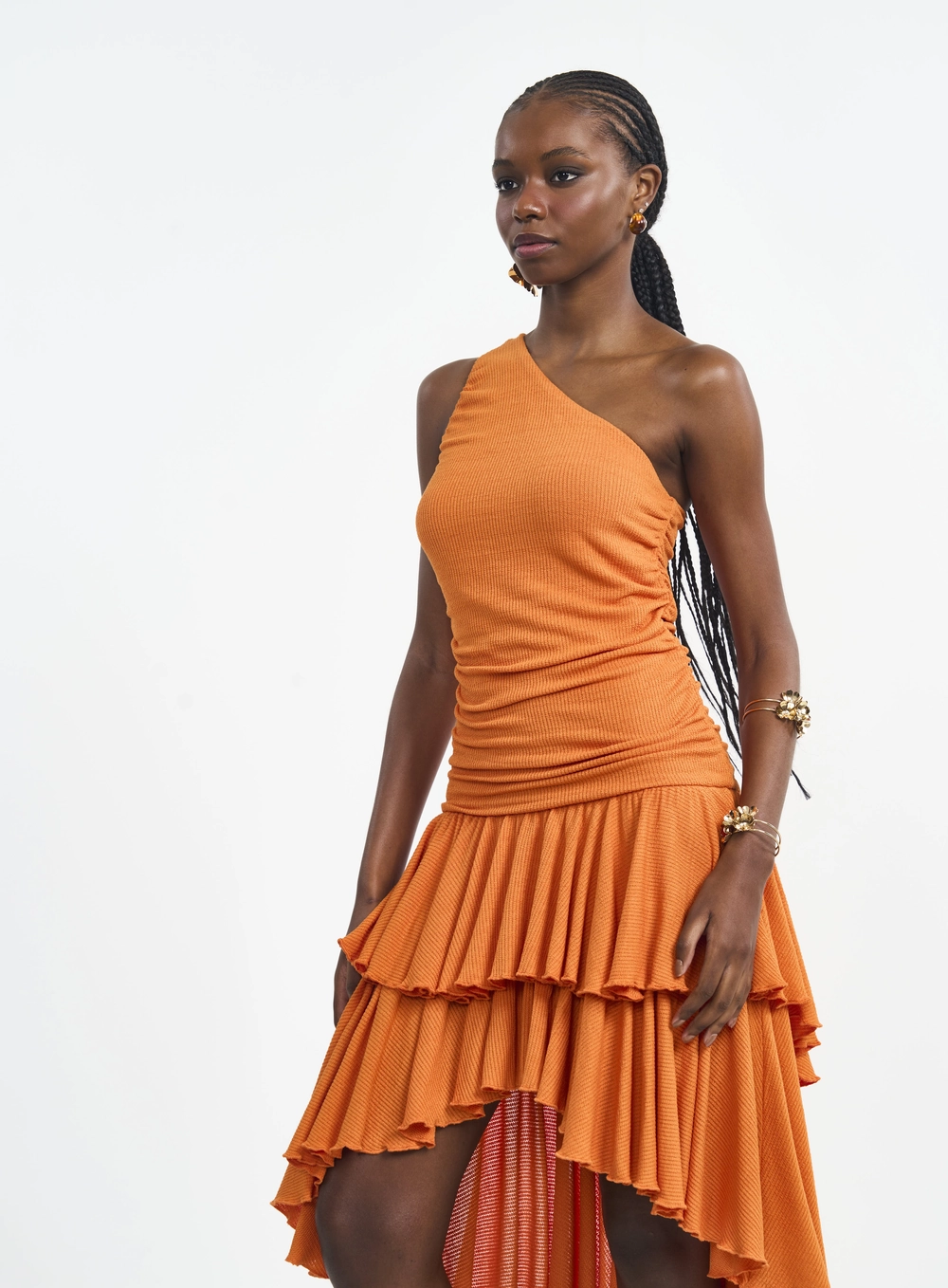 Vestido Midi Um Ombro Só Com Franzidos E Babados Laranja