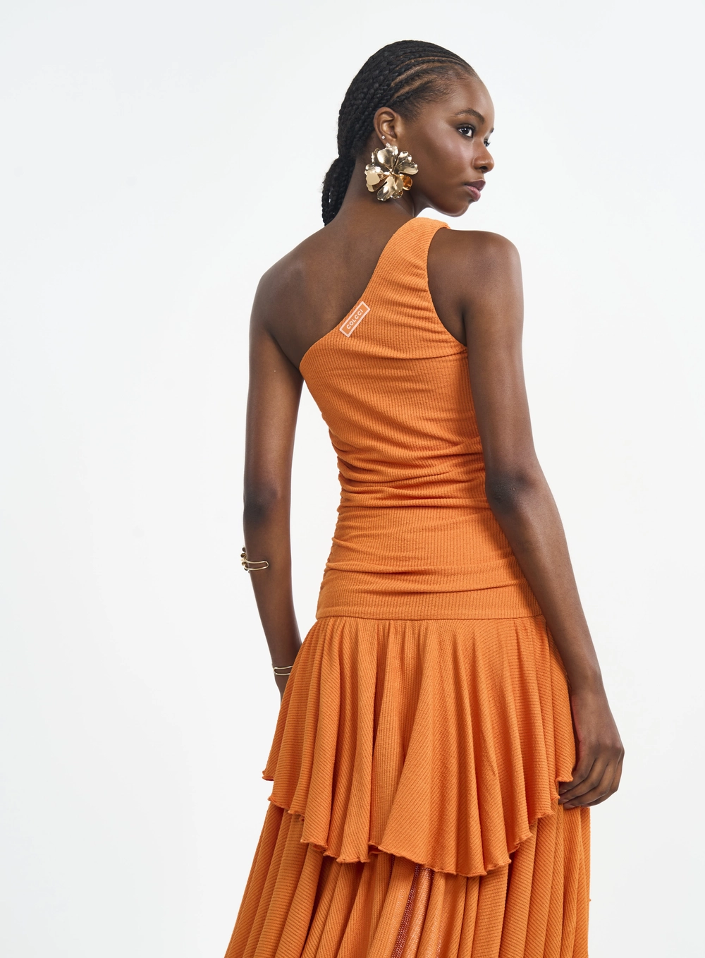 Vestido Midi Um Ombro Só Com Franzidos E Babados Laranja