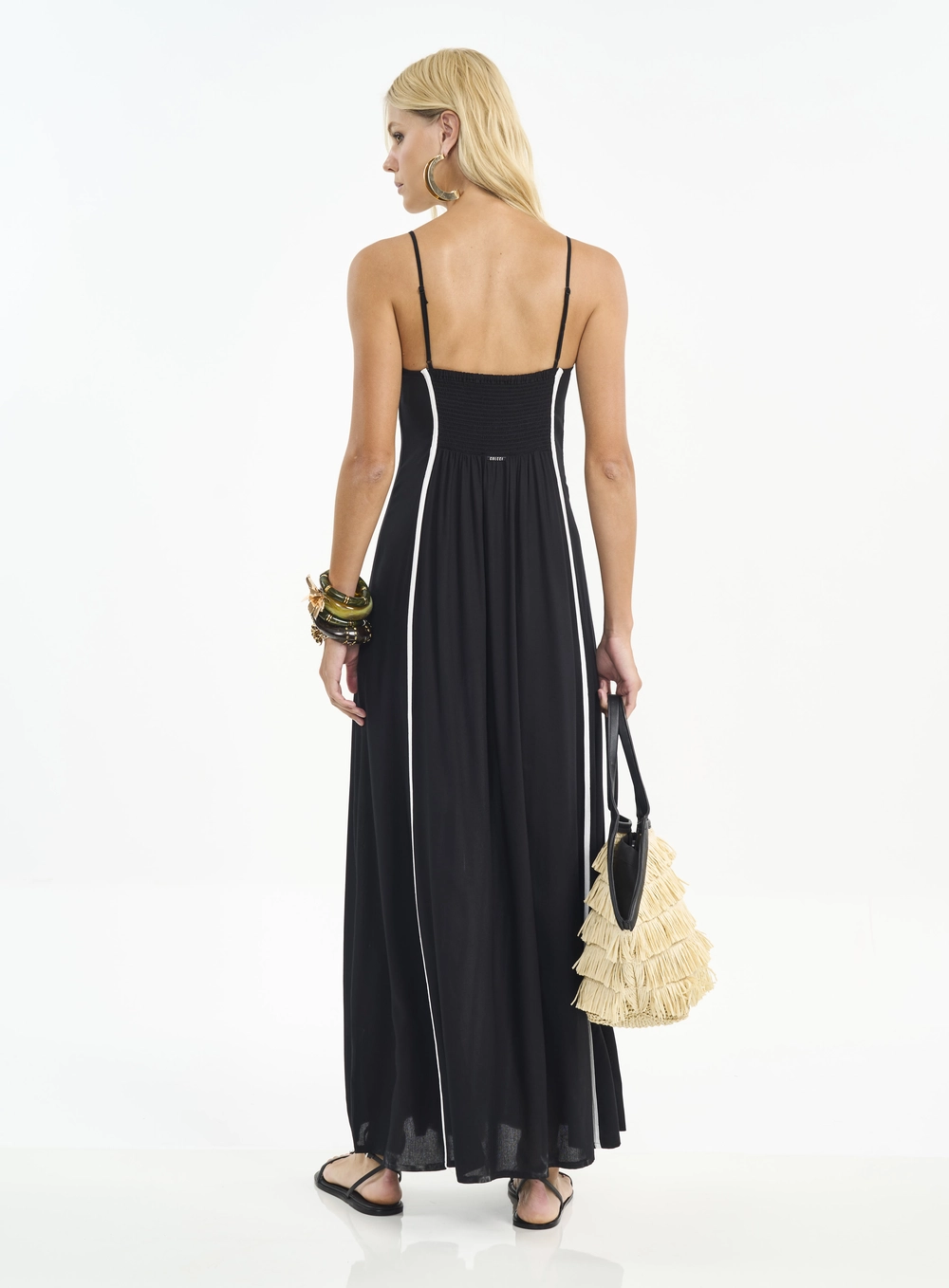 Vestido Longo Com Listras E Alças Finas Preto