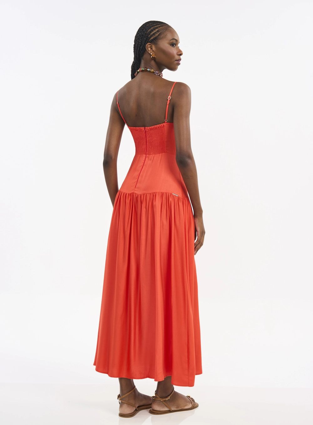 Vestido Longo Com Alças Finas E Lastex Laranja