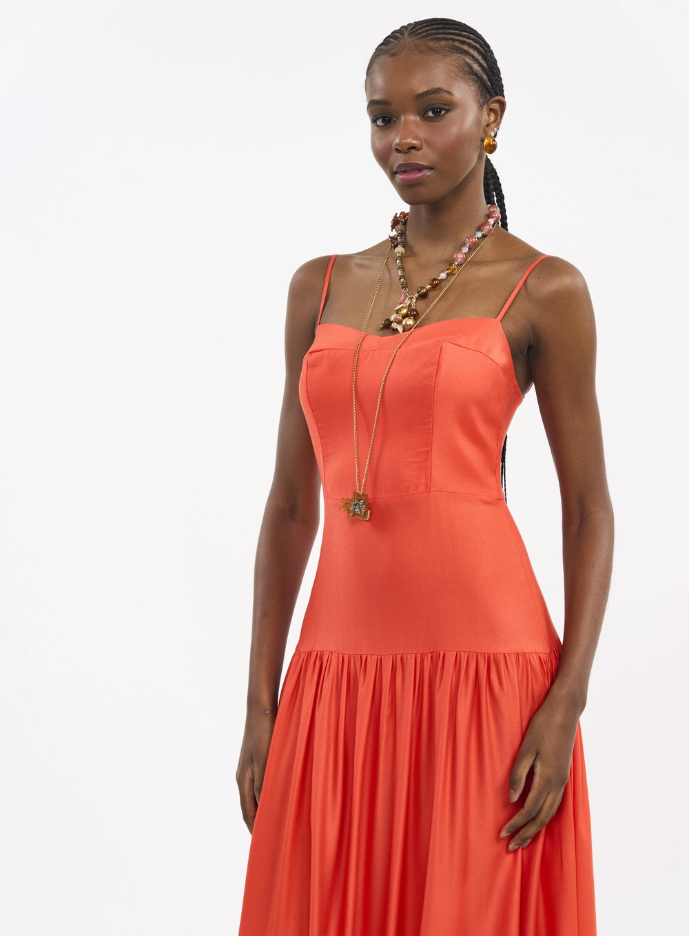 Vestido Longo Com Alças Finas E Lastex Laranja