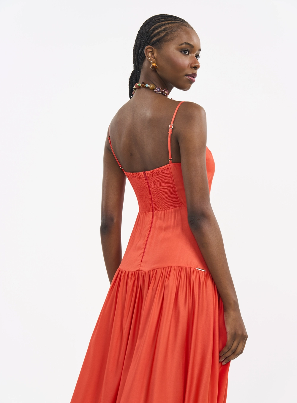 Vestido Longo Com Alças Finas E Lastex Laranja