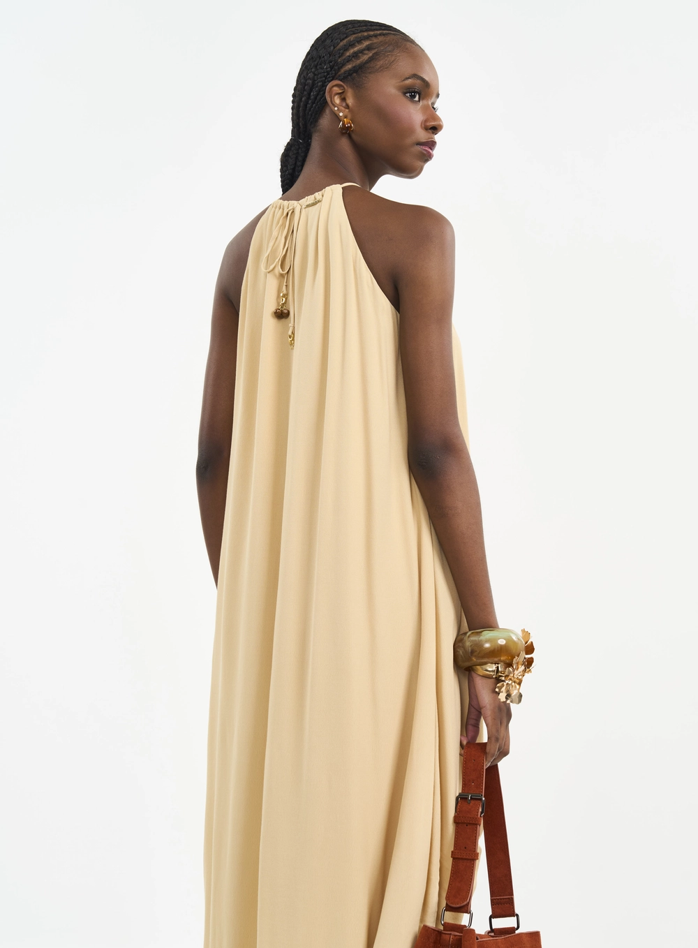 Vestido Longo Mullet Com Amarração Bege