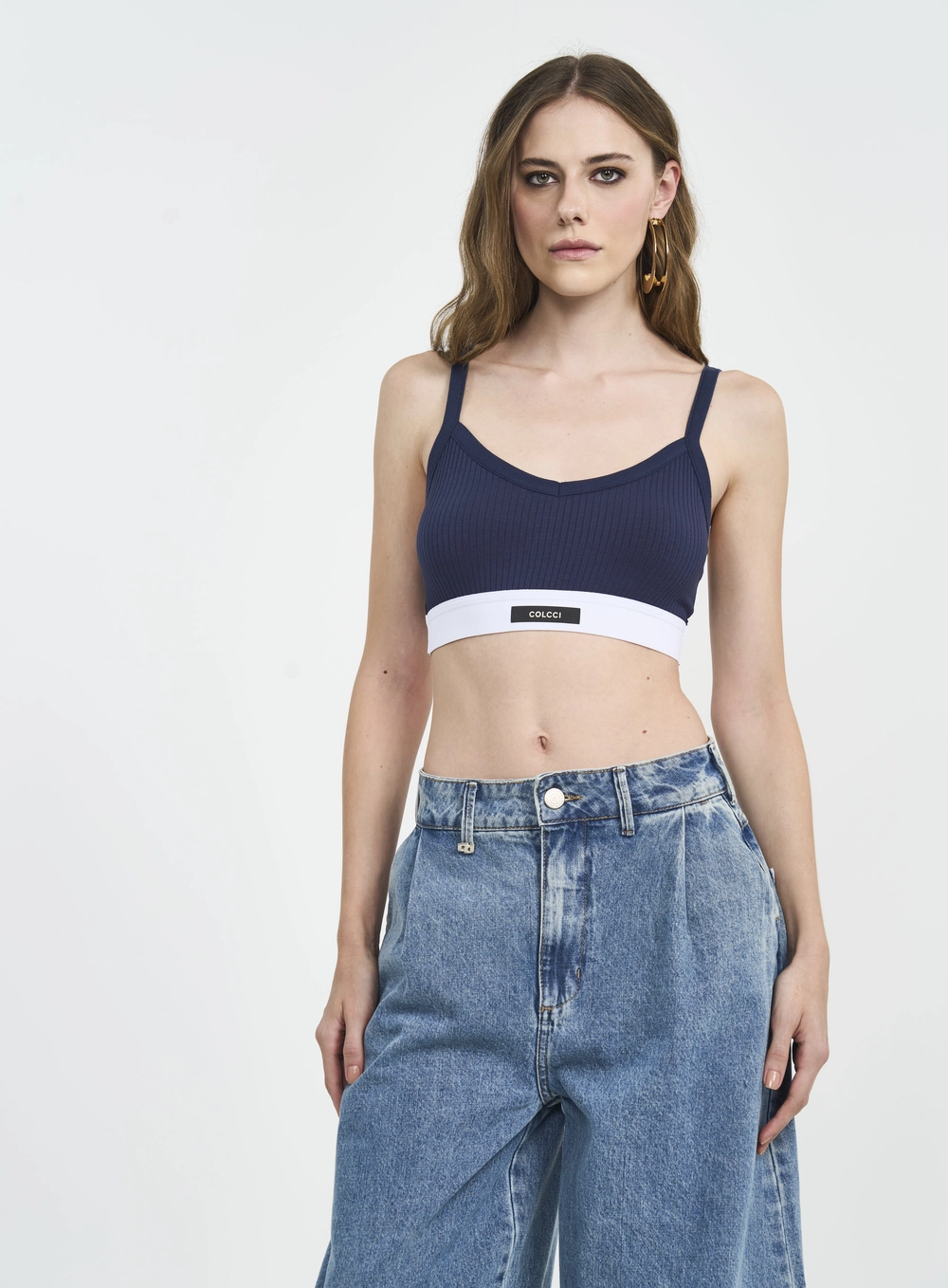 Top Cropped Canelado Com Alças E Elástico Bicolor Azul