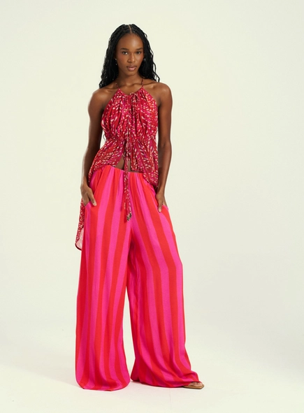 Calça Pantalona Estampada Com Bolsos