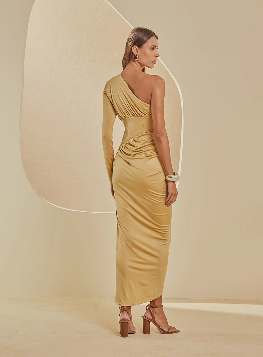 Vestido Midi Manga Única Com Drapeado AMARELO 2