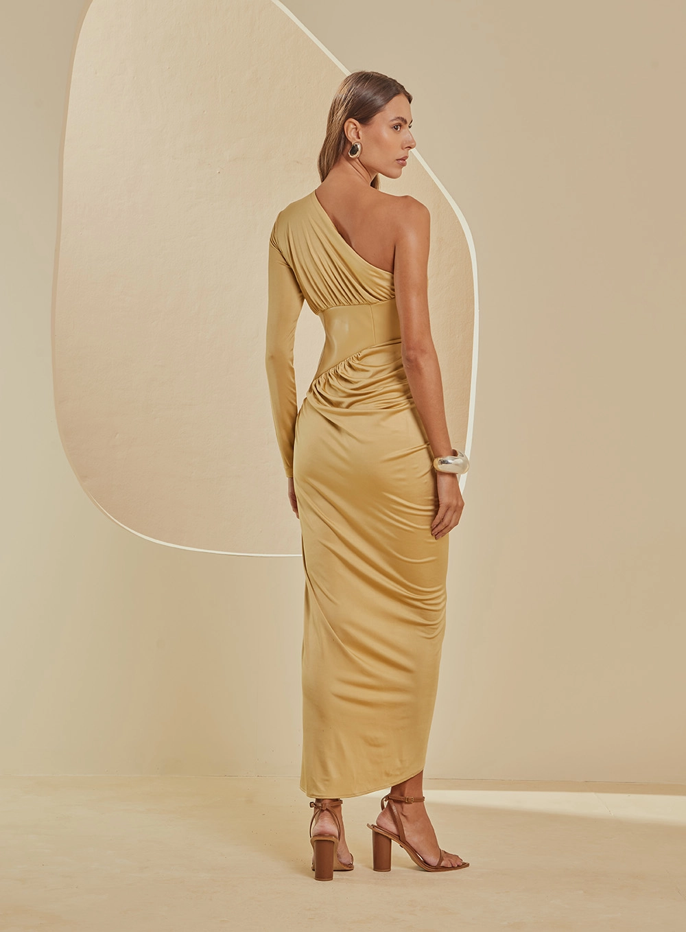 Vestido Midi Manga Única Com Drapeado AMARELO 2