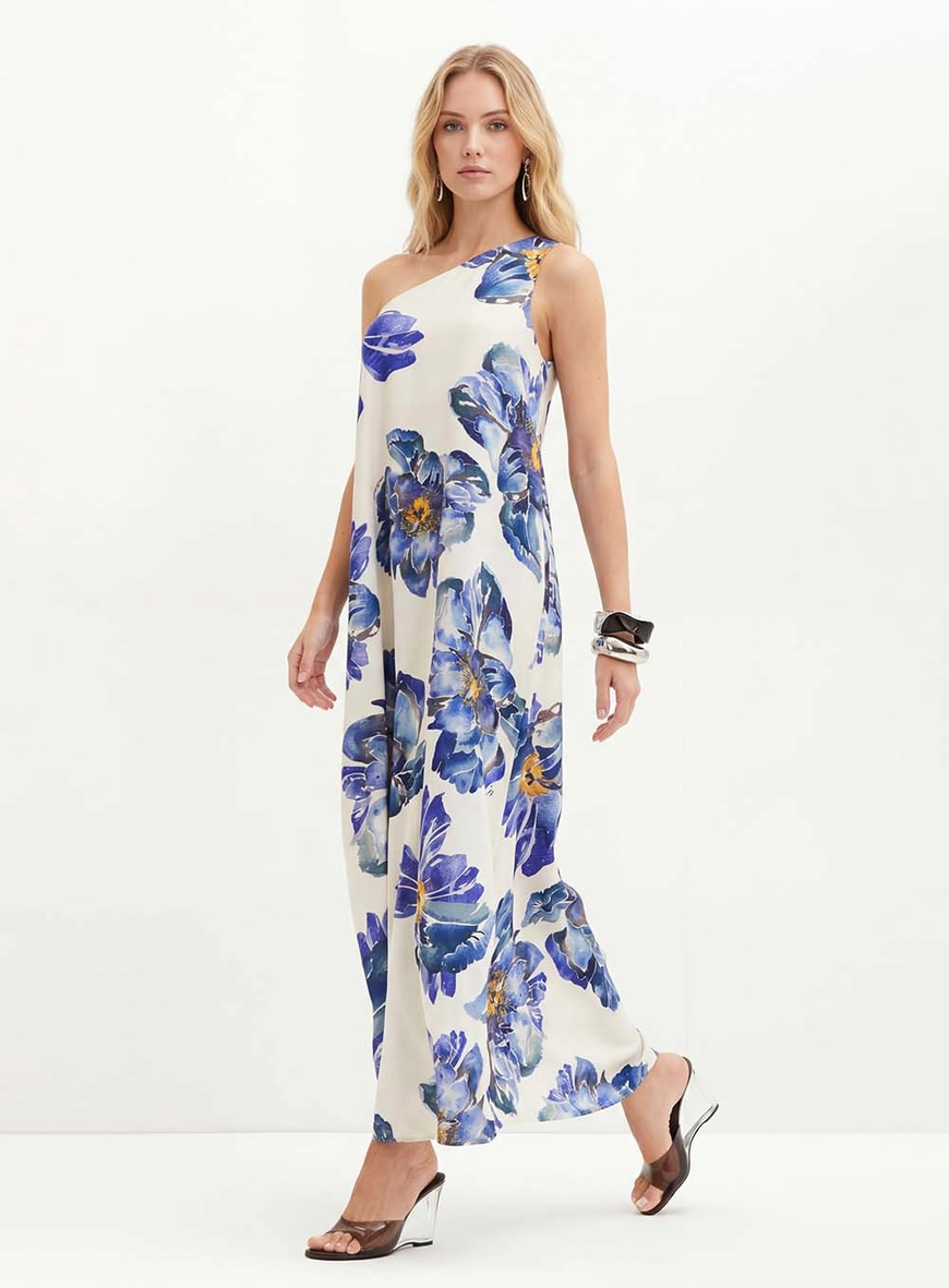 Vestido Longo Estampado De Um Ombro Só - Evasê Estampados 3