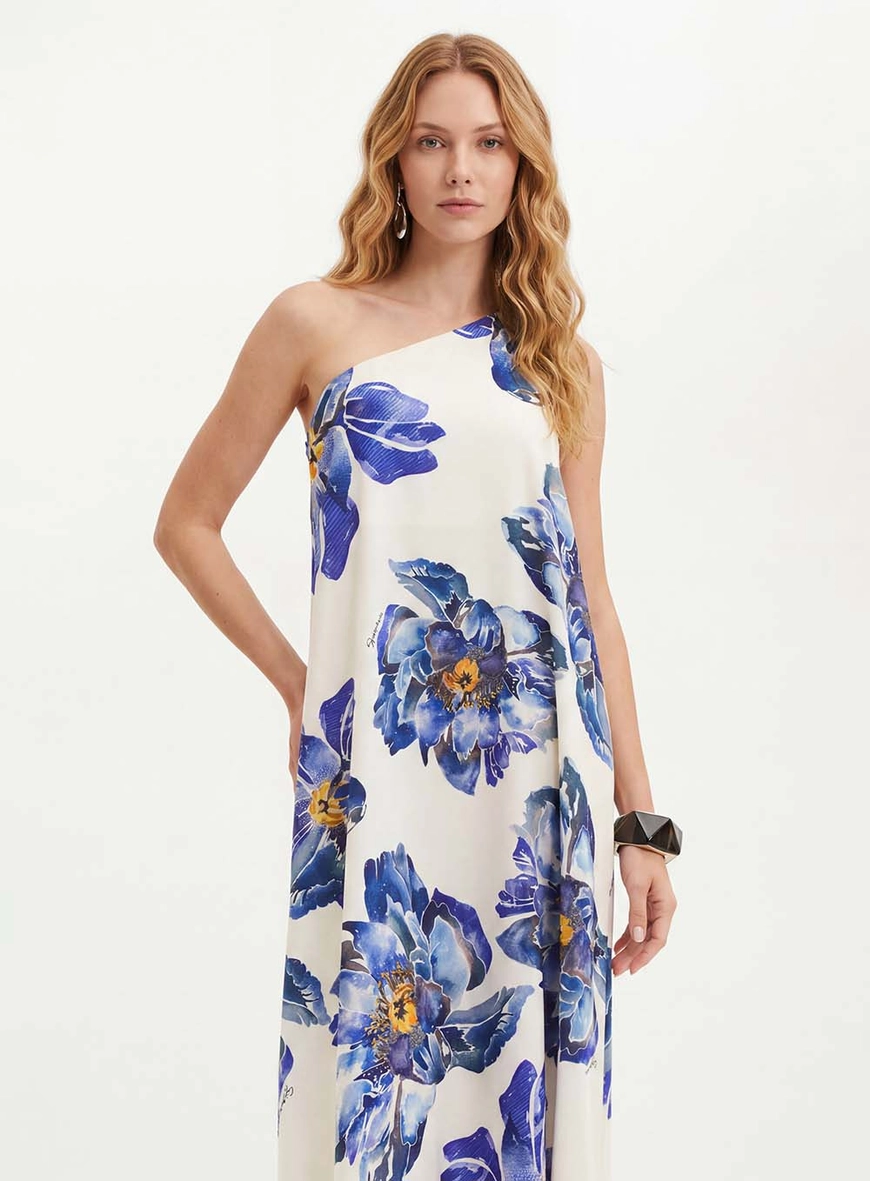 Vestido Longo Estampado De Um Ombro Só - Evasê Estampados 4