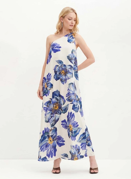 Vestido Longo Estampado De Um Ombro Só - Evasê