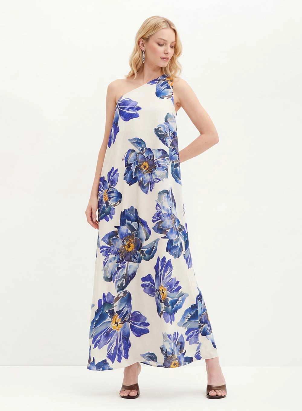 Vestido Longo Estampado De Um Ombro Só - Evasê Estampados 1
