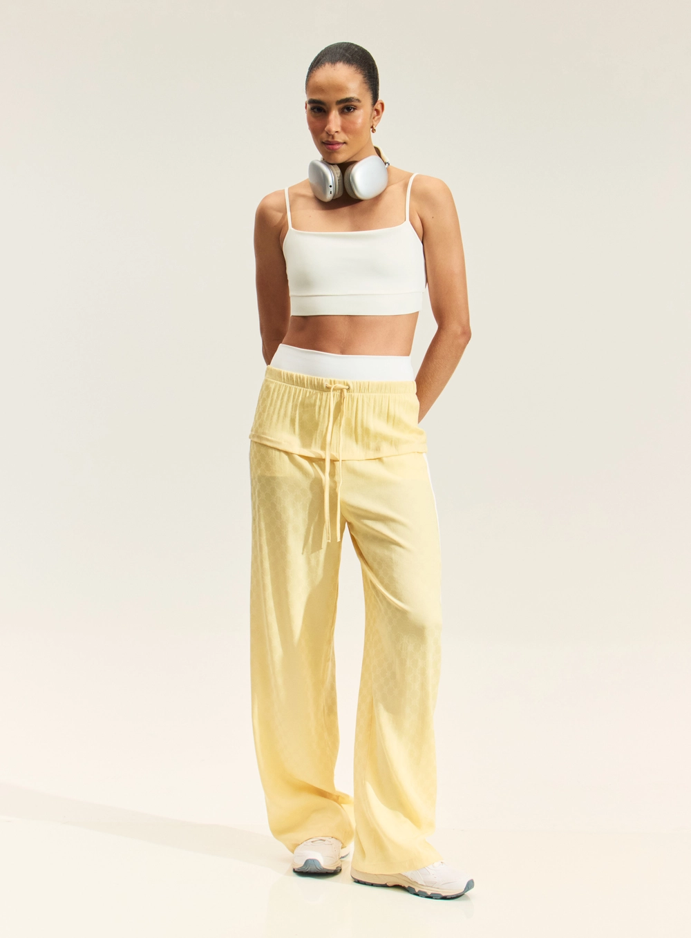 Calça Jacquard Ampla Com Amarração Amarelo