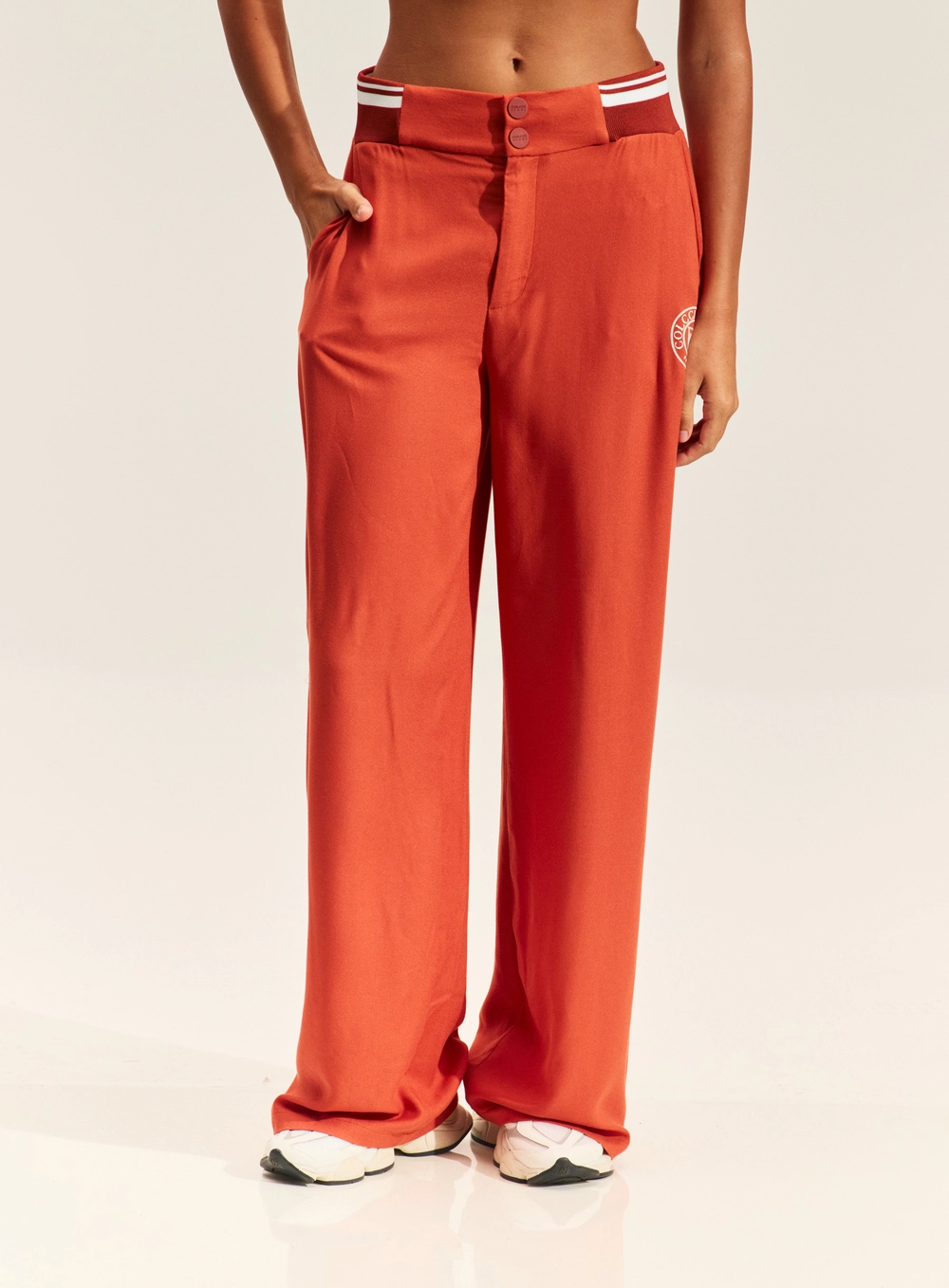 Calça Pantalona Com Cós Retilíneo Laranja
