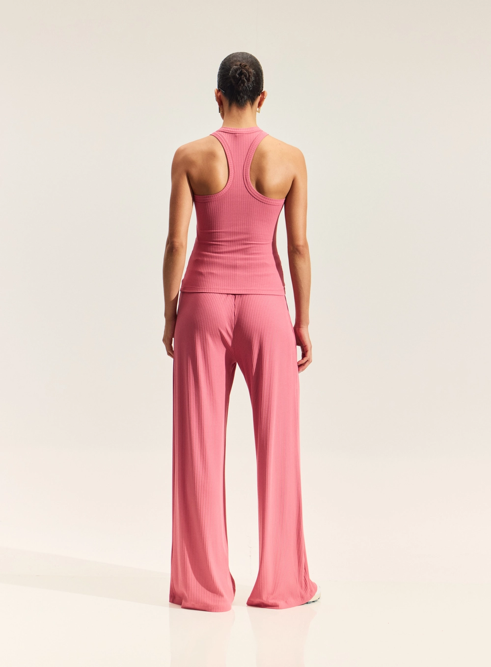 Calça Canelada Feminina Com Amarração Rosa