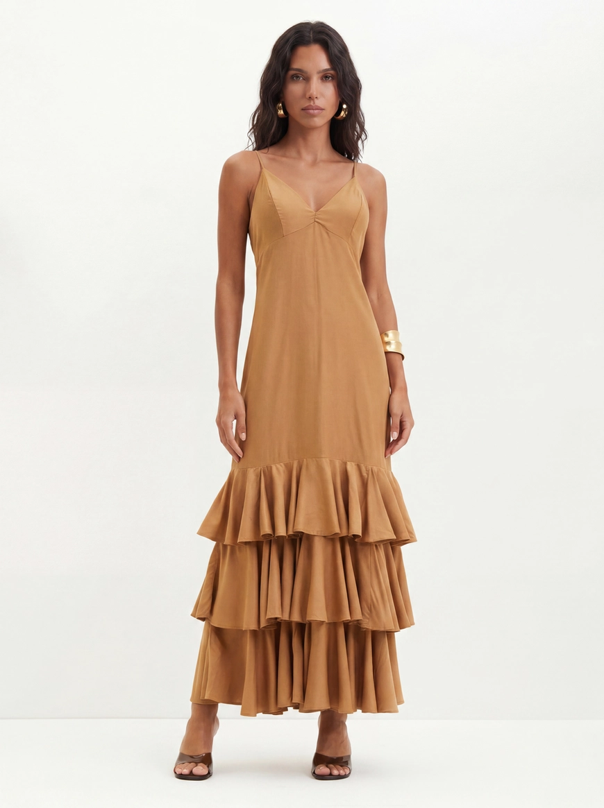 Vestido Longo Com Babados Em Camadas - Evasê Bege 1