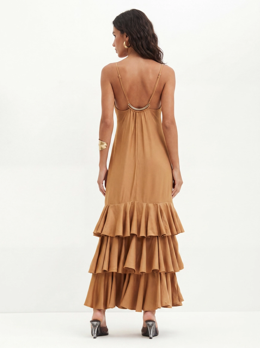 Vestido Longo Com Babados Em Camadas - Evasê Bege 2
