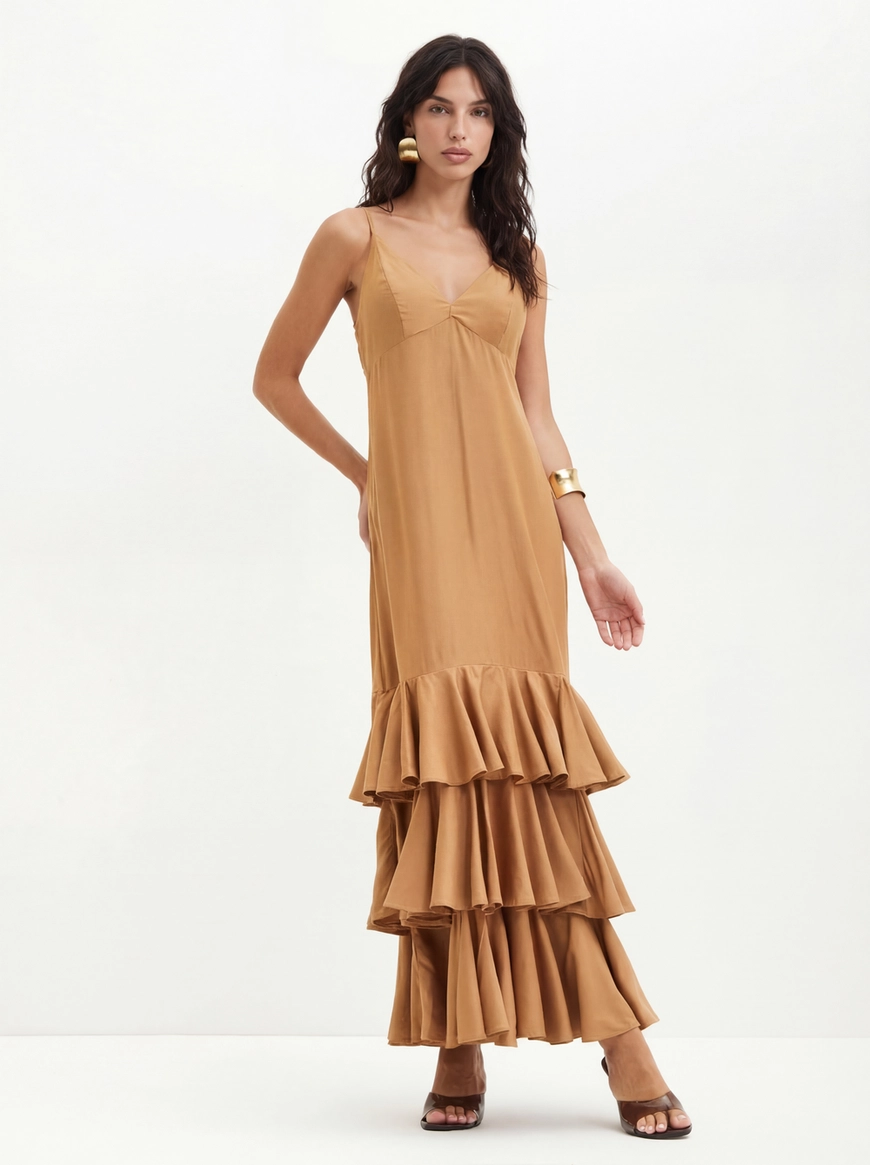 Vestido Longo Com Babados Em Camadas - Evasê Bege 3