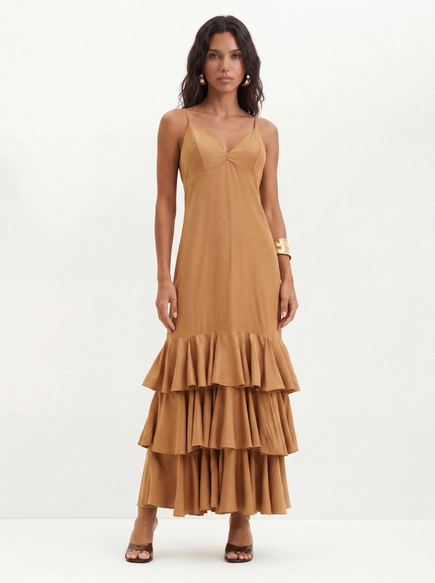 Vestido Longo Com Babados Em Camadas - Evasê