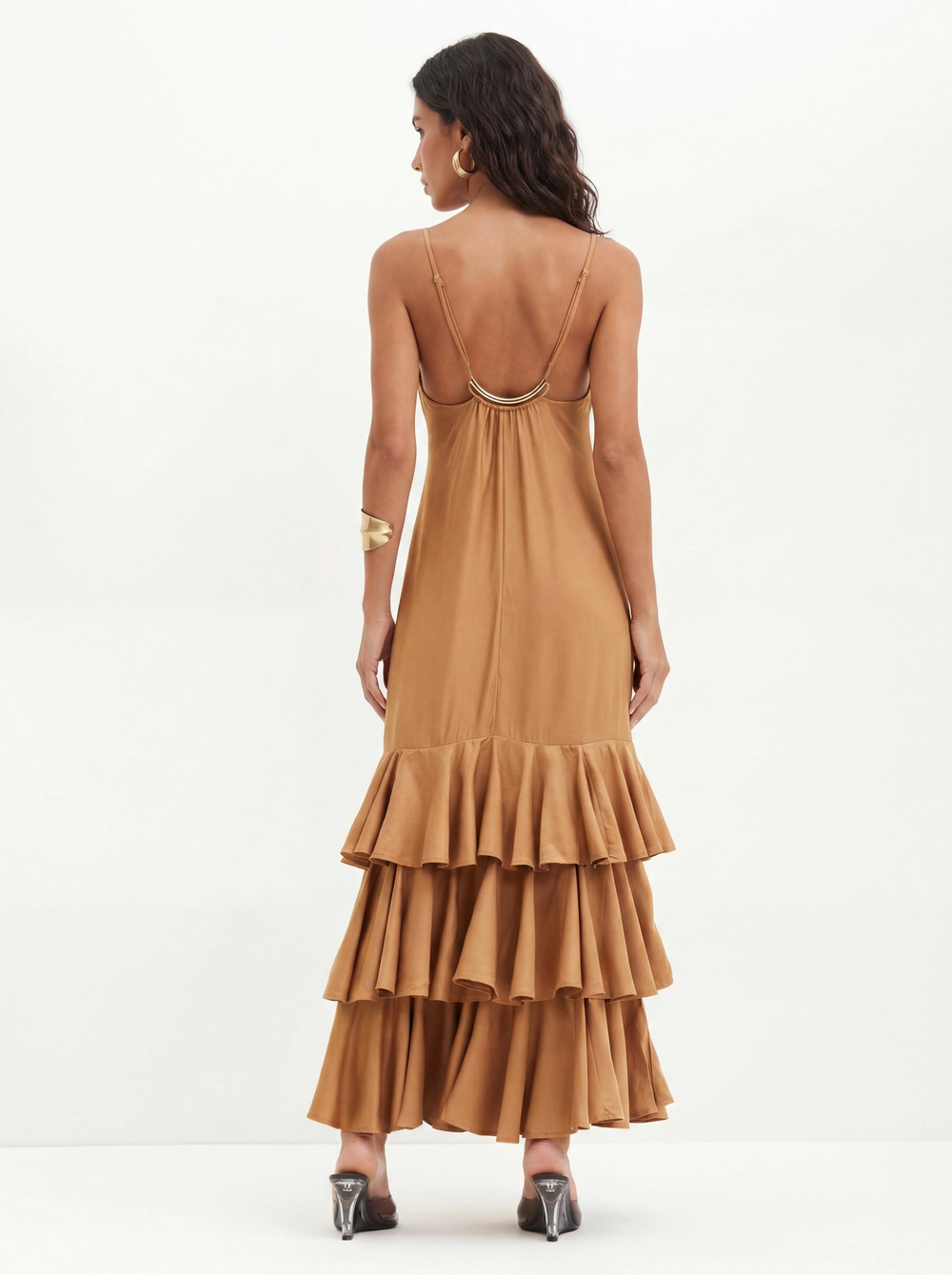 Vestido Longo Com Babados Em Camadas - Evasê Bege 2