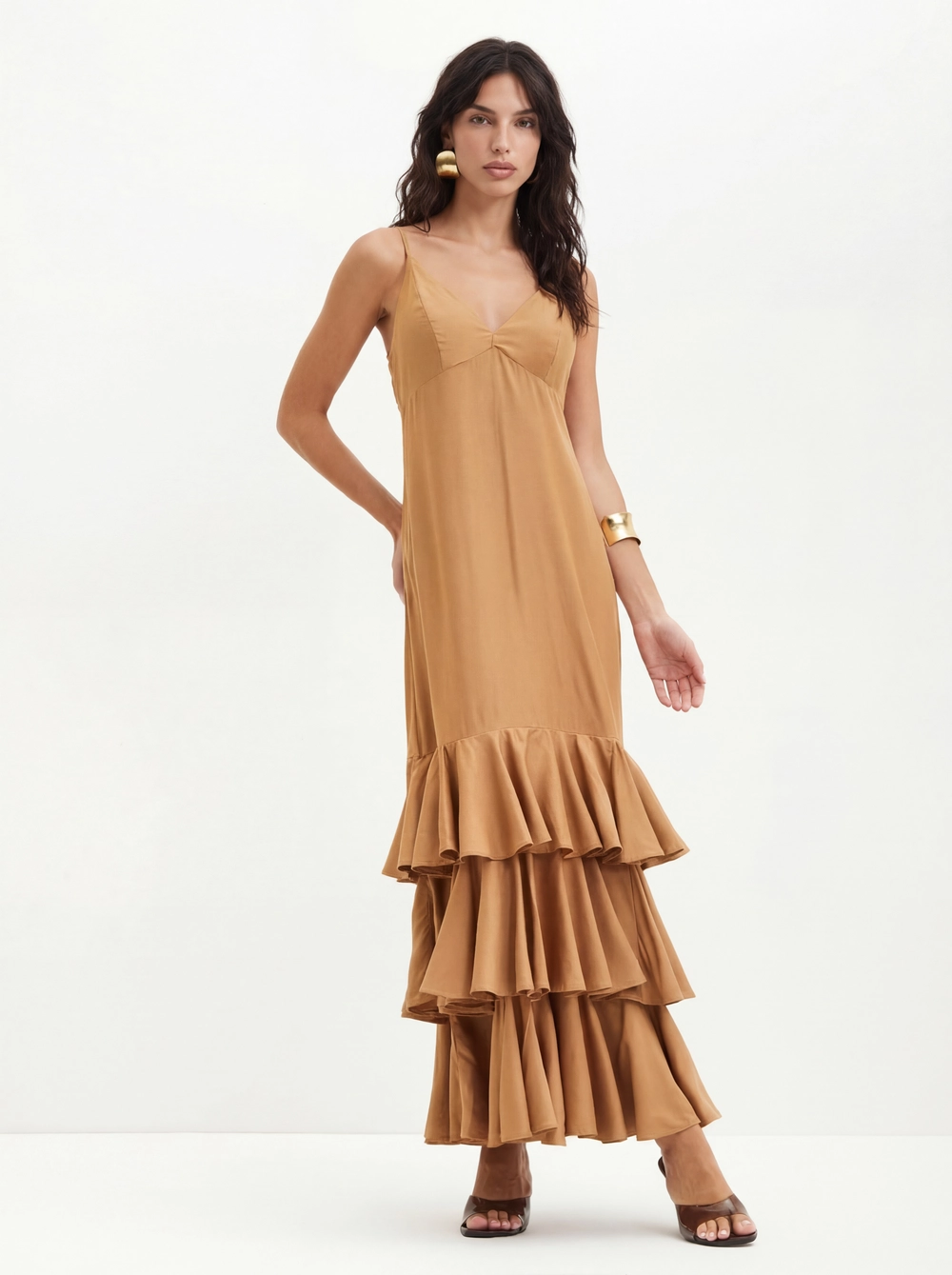 Vestido Longo Com Babados Em Camadas - Evasê Bege 3
