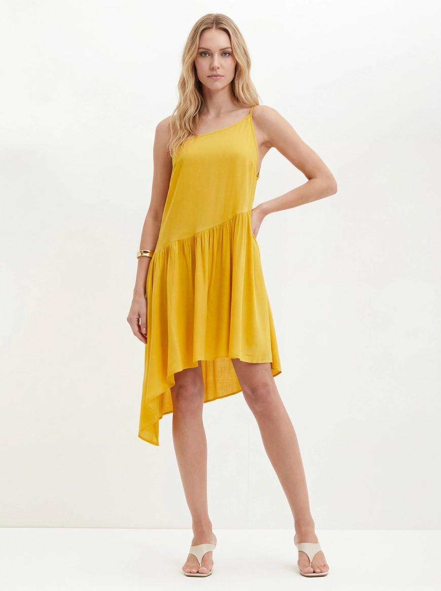 Vestido Um Ombro Só Com Franzidos - Assimétrico AMARELO 1