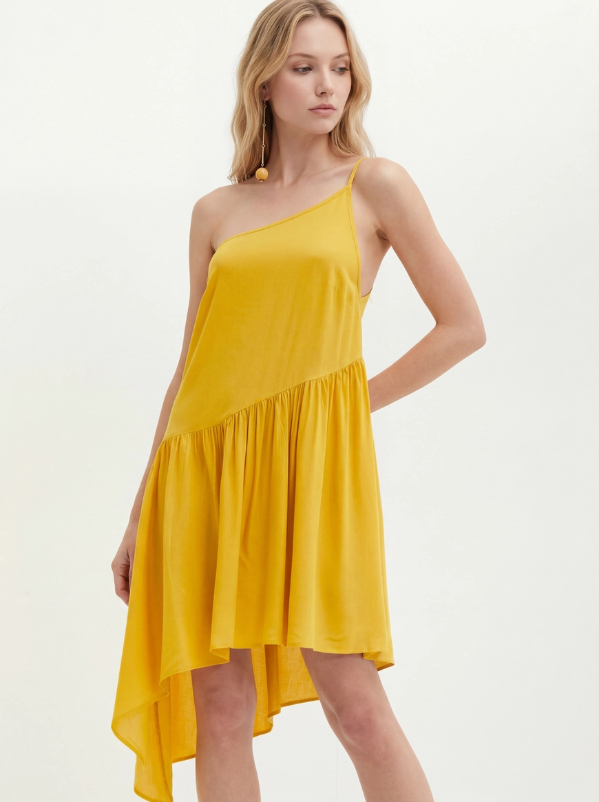 Vestido Um Ombro Só Com Franzidos - Assimétrico AMARELO 4