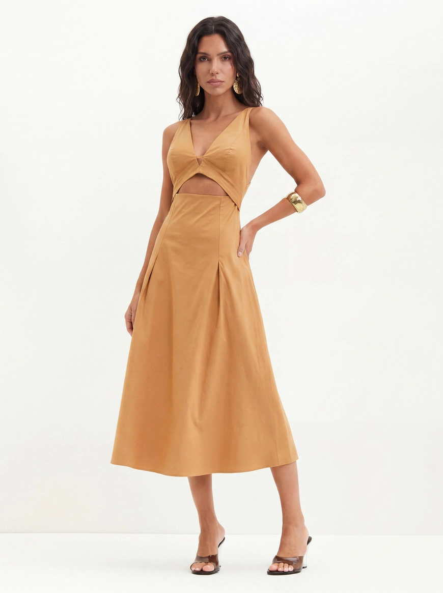 Vestido Com Decote V E Vazado Frontal - Evasê Bege 1