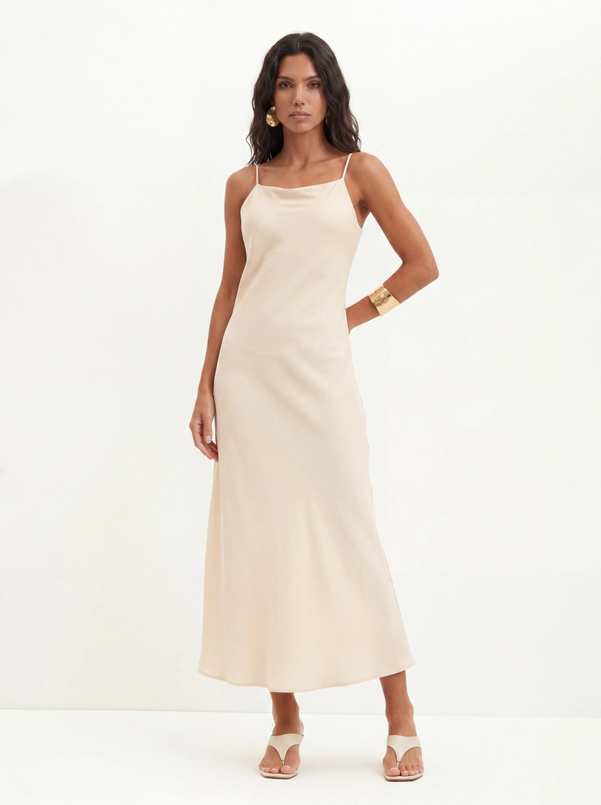 Vestido Minimalista Com Alças Finas - Enviesada Bege 1
