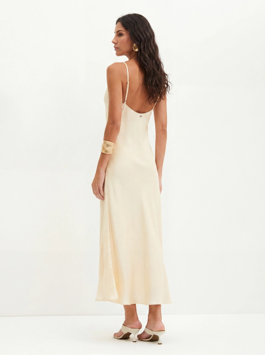 Vestido Minimalista Com Alças Finas - Enviesada Bege 2