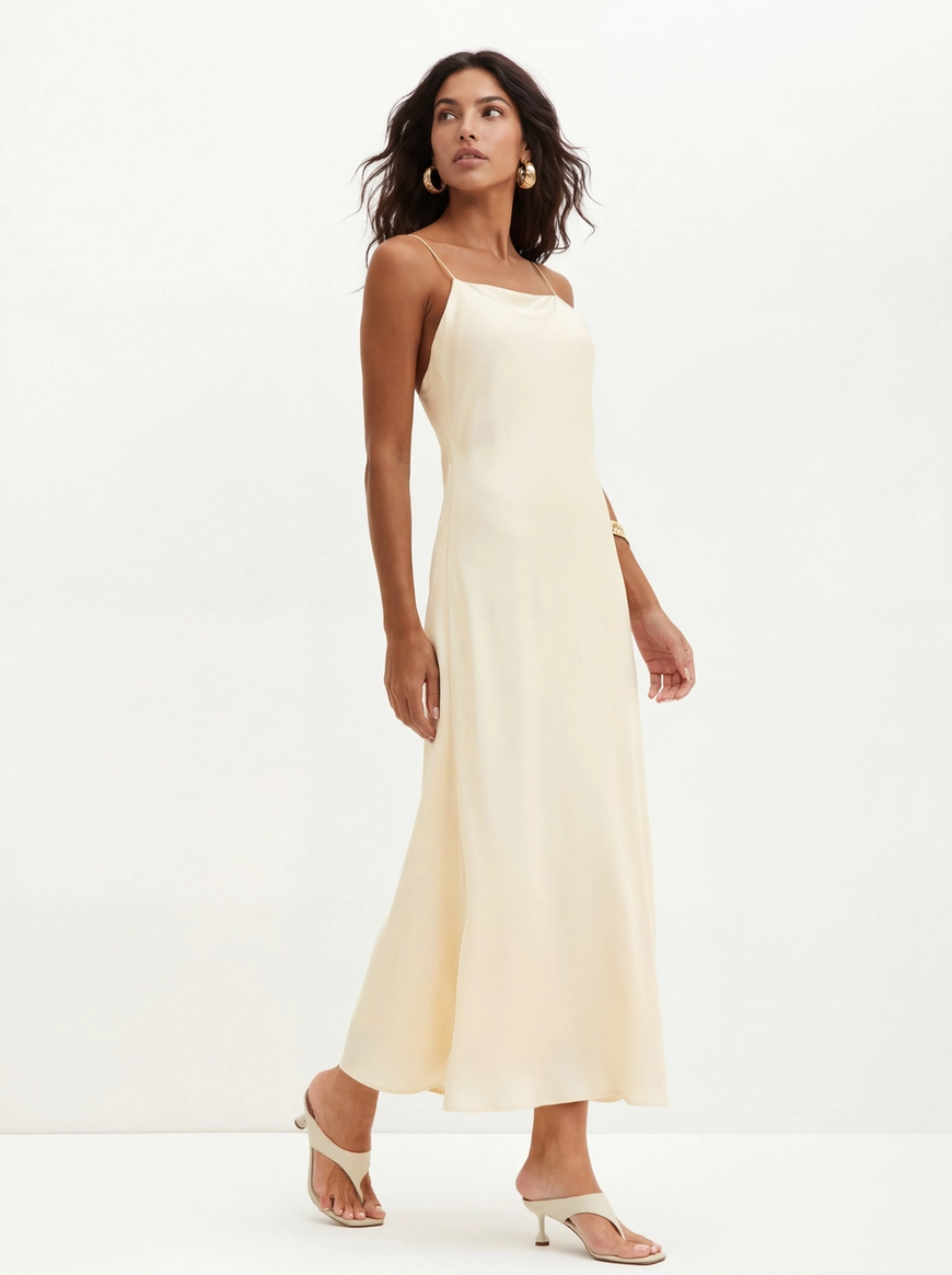 Vestido Minimalista Com Alças Finas - Enviesada Bege 3