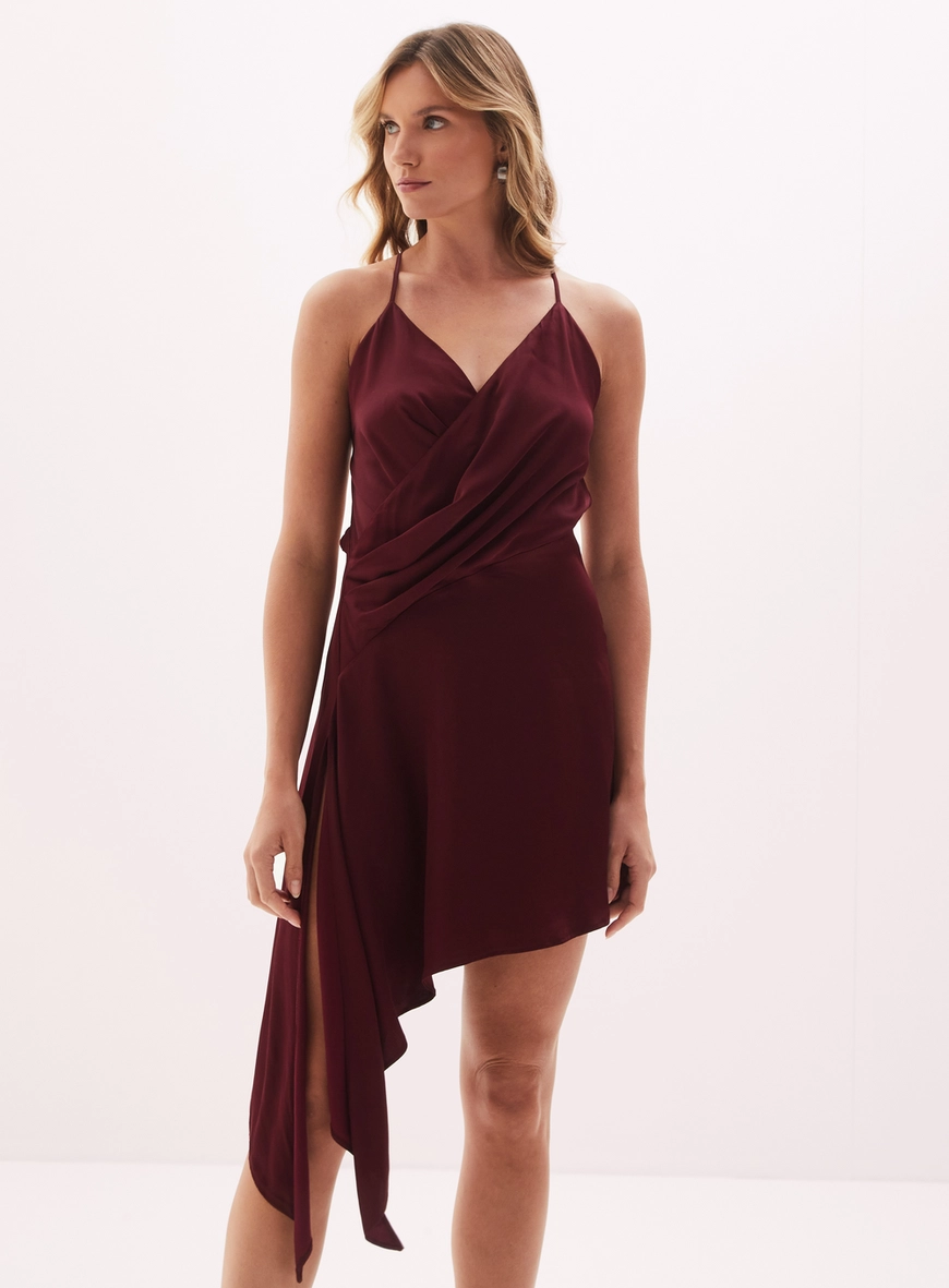 Vestido Feminino Curto Acetinado Assimétrico Bordo 2