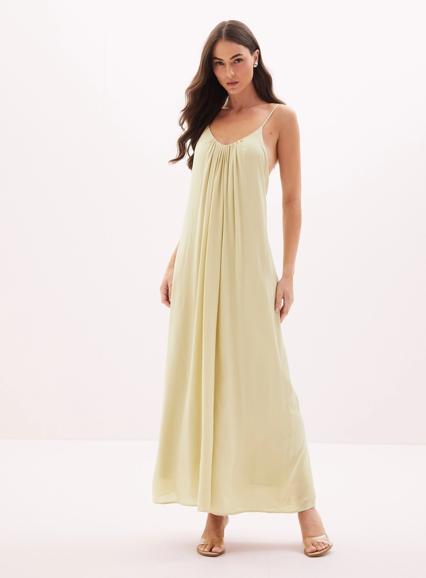 Vestido Feminino Longo Franzido Bege 1