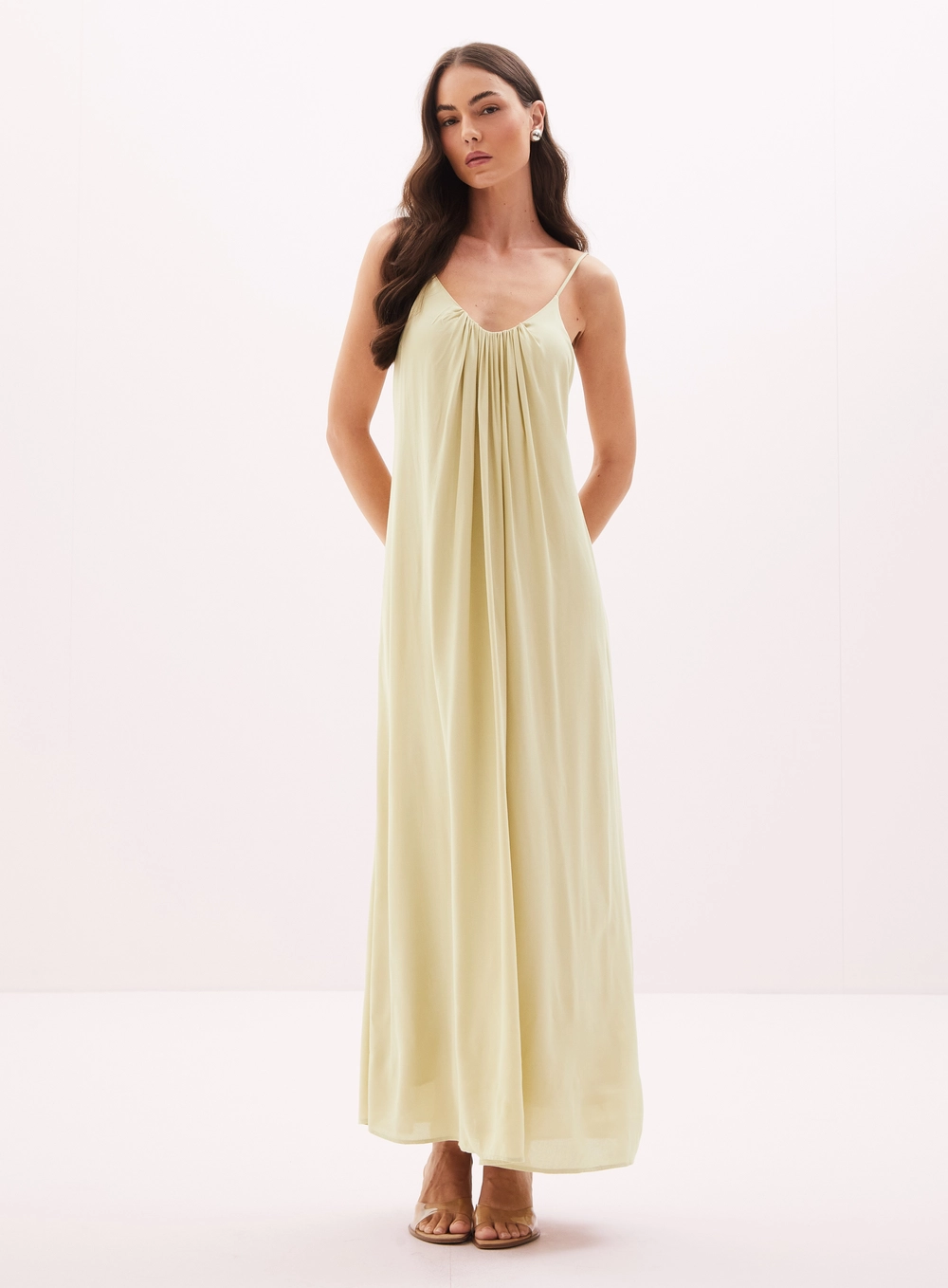 Vestido Feminino Longo Franzido Bege 2