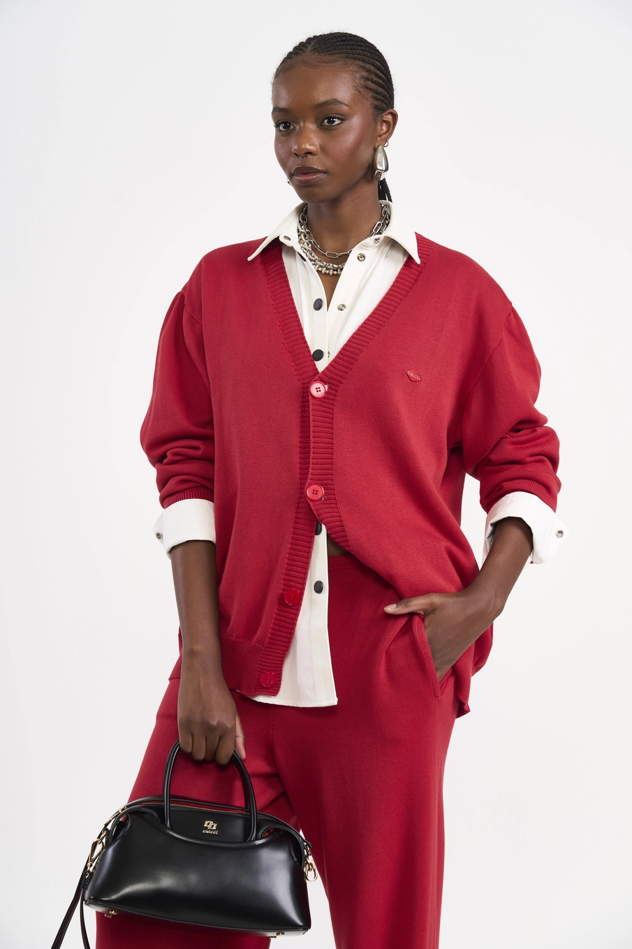 Cardigã Tricô Em Algodão Vermelho