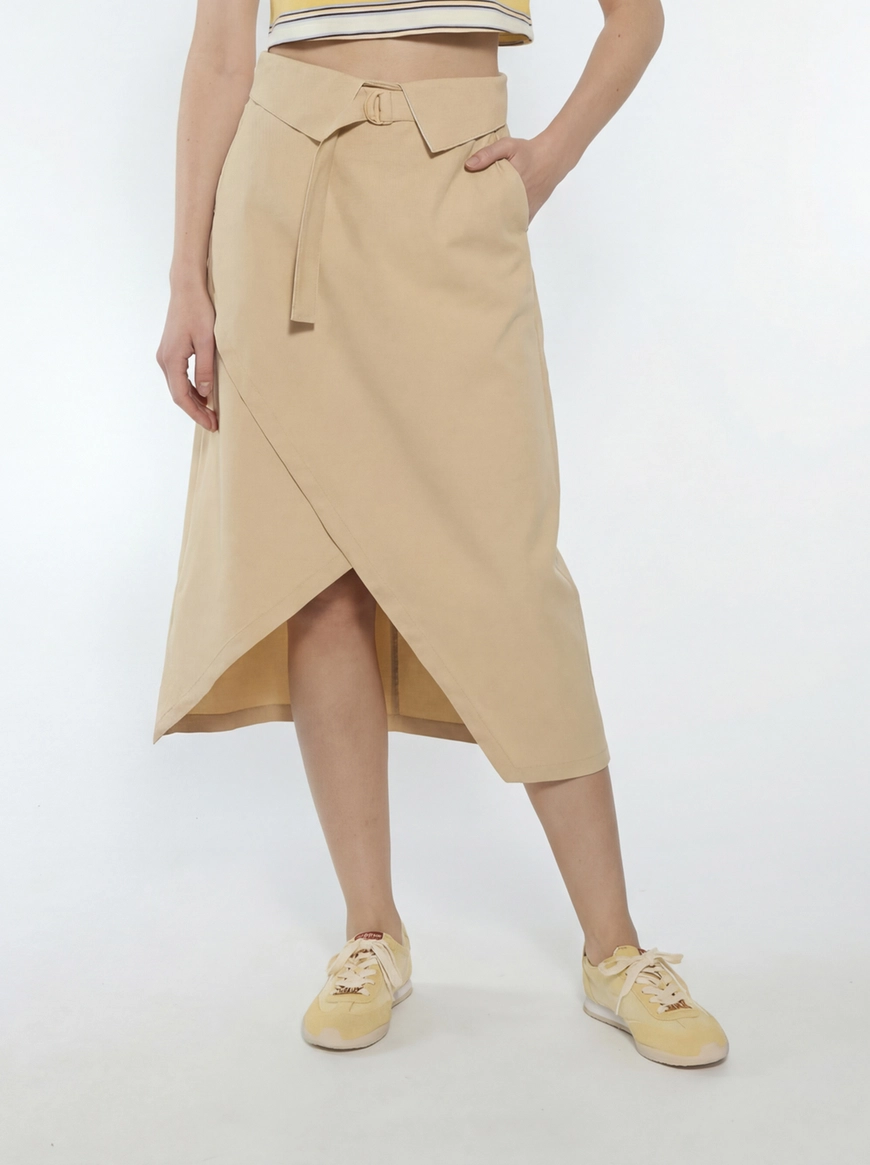 Saia Midi Comfort Transpassada Bege 5