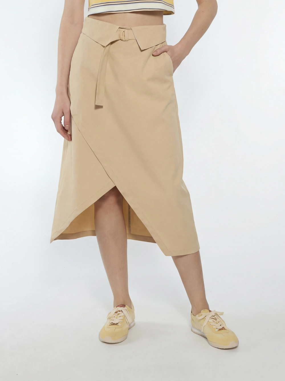 Saia Midi Comfort Transpassada Bege 5