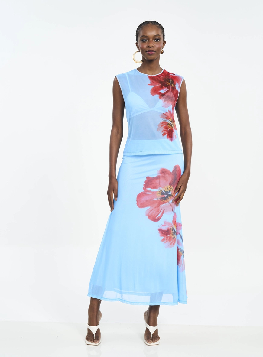 Saia Midi Tule Estampada Joana