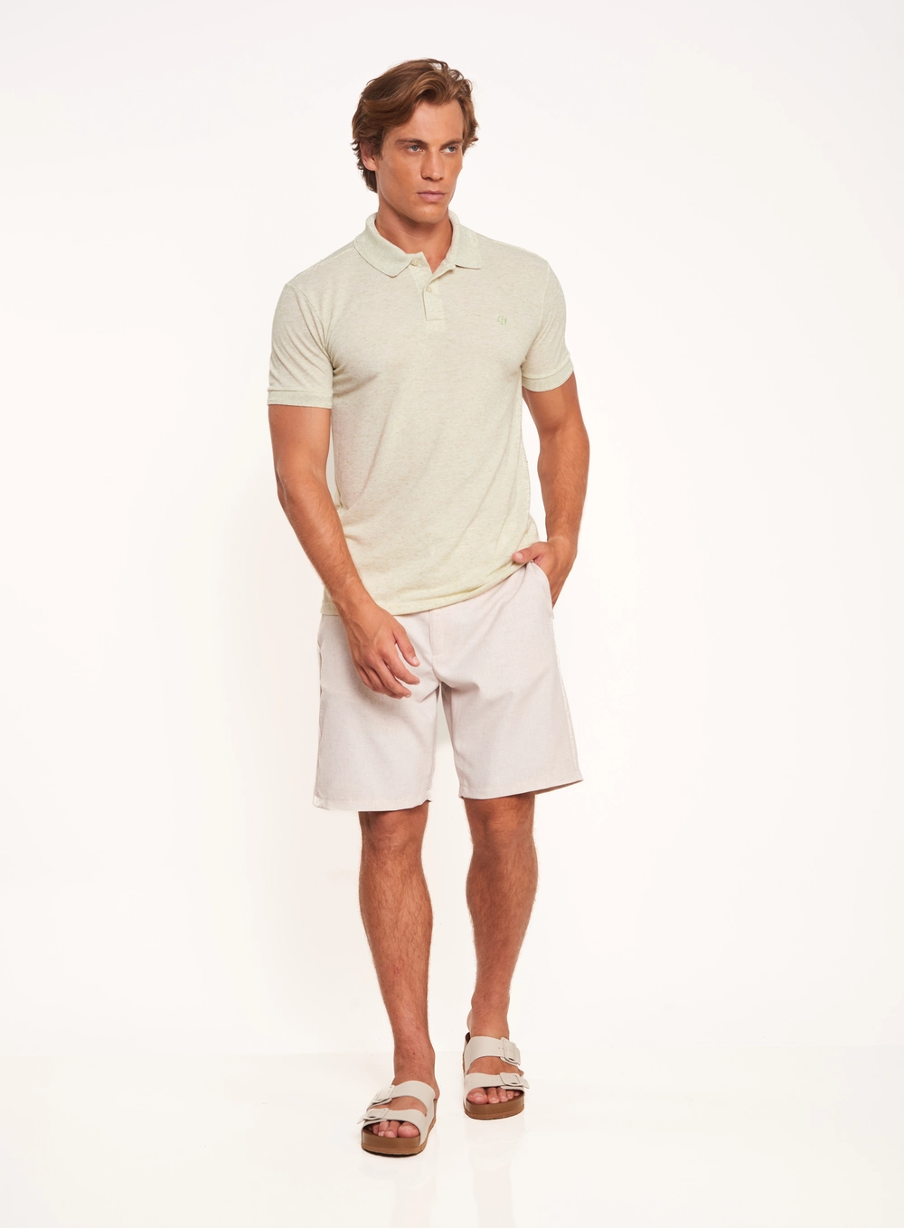 Polo Masculina Regular Com Textura Bege