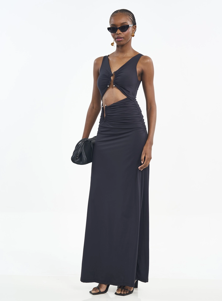 Vestido Longo Com Recortes E Franzidos