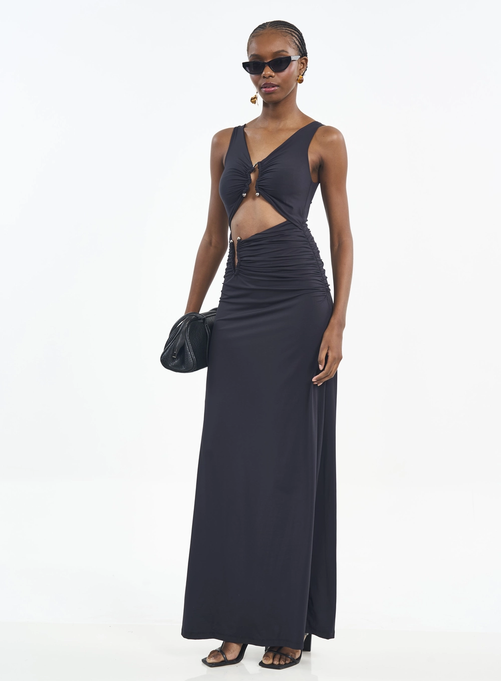 Vestido Longo Com Recortes E Franzidos Preto
